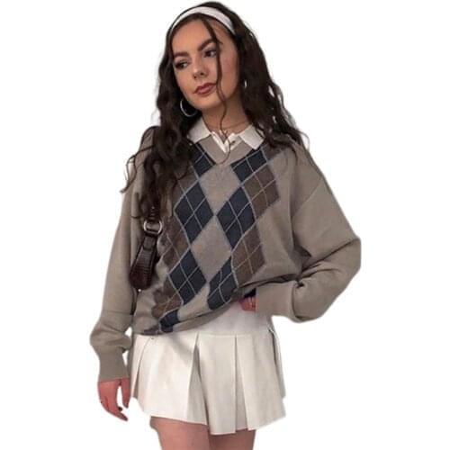 E-girl Preppy Style Vintage V Neck Sweater Women Autumn Casual Argyle Plaid Y2K Jumper Female Korean Fashion Pullover Winter