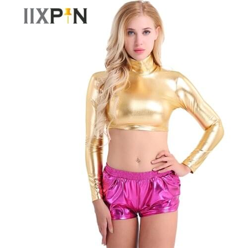 Pole Dance Clothing Women Shiny Patent Leather Long Sleeve Turtleneck Crop Tops Club Stage Performance Costume Pole Dance Tops