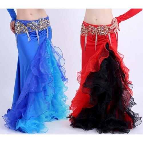 Women Colorful Side Slit Skirt Dress Belly Dance Performance Halloween Costume Dancing Blue Pink White Double Color Free Shippin