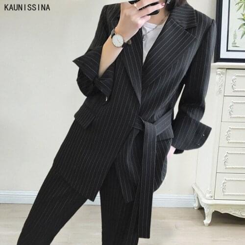 Autumn Winter Women Pant Suit with Waistband Loose Blazer Jacket Notched Blazer Ankle Length Pants Office Suits Lady Blazer Set