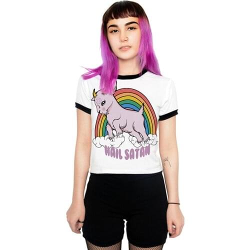 2021 Summer Sexy Women White Crop Top T shirt Rainbow Goat Bear Tiger Cartoon Print 3D Slim Party T-shirt Female Halloween Tee