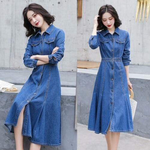 Long Sleeved Denim Dress With Button Women A-Line Midi-Length Maxi 2021 Summer Korean Fashion Trend Elegant Ladies Office Jeans