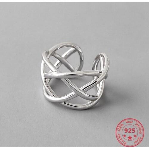 Korean S925 Pure Sterling Silver Fine Ring Hollow Woven Fashion Simple Opening Adjustable Ring Personality Wild Women Jewelry