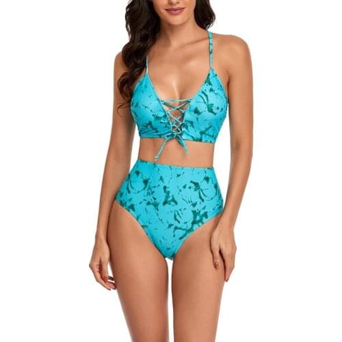 Womens Sexy V-Neck Tie-Dye Printing Sexy Bikini 2-Piece High Waist Split Swimsuit