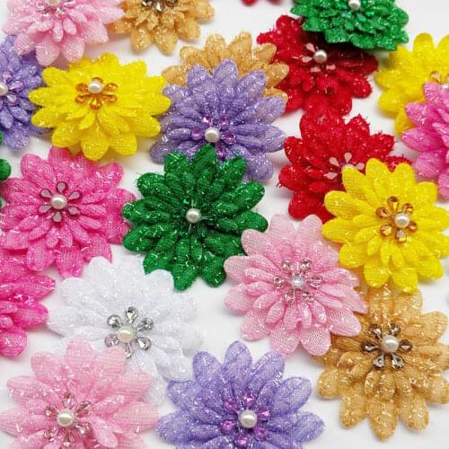 5pcs/pack Glitter Felt Padded Flowers W Rhinestone Doll Bow Craft Appliques 60
