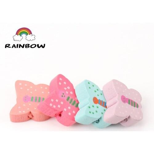 Mixed Colours Cartoon Butterfly Pattern Shape Wooden Material Spacer Beads For Children Jewelry Making DIY 16x15mm 50pcs
