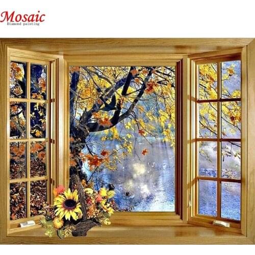 5D Diy Diamond Painting window outside tree lake scenery Cross Stitch Full Square Round Drill Wall Arts & Crafts