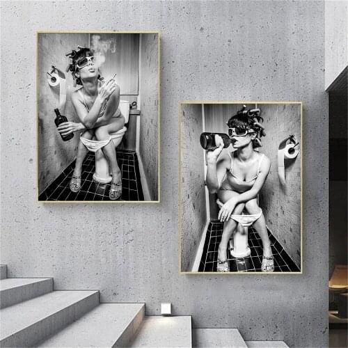 Drinking And Smoking Sexy Woman Art Painting Toilet Pub Bar Bathroom Canvas Poster Black And White Print Pictures Home Decor