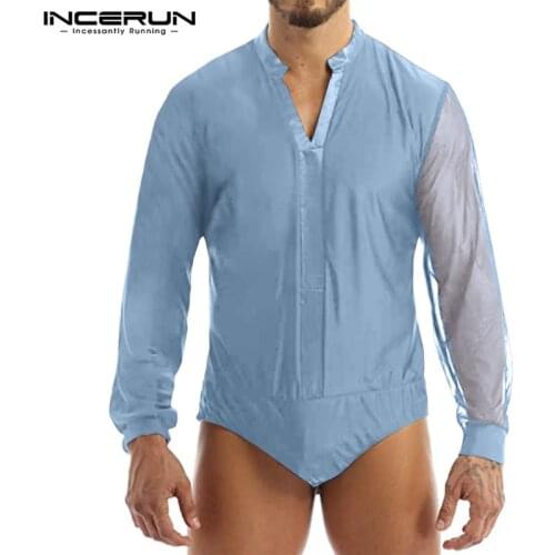 INCERUN Men Solid Color Bodysuit Shirts Long Sleeve V Neck Blouse Fashion Patchwork Romper Shirts Man Comfy Sexy Mesh Tops S-5XL