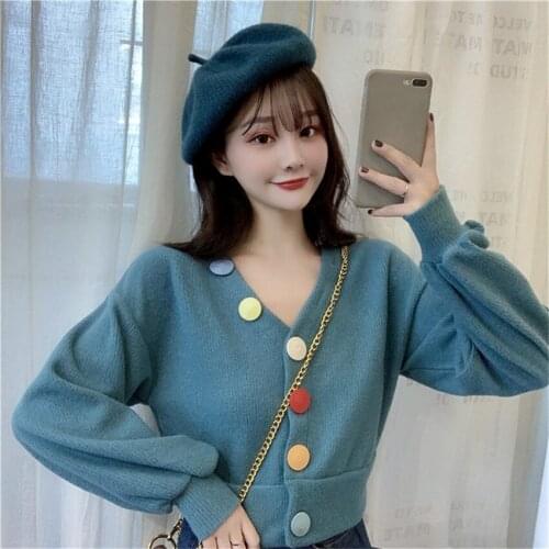 Korean Fashion Chic Button Elegant Knitted Cardigan Crop Top Women Lantern Sleeve Short Sweater Cardigans Gilet Maille Femme