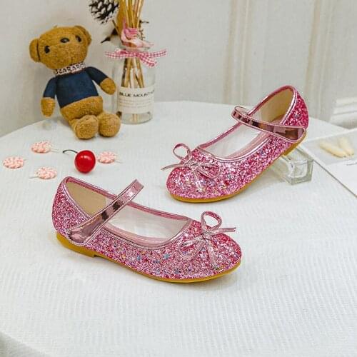 Girls Leather Wedding Shoes Baby Childrens Sequins Princess Sandals Enfants Kids High Heels Dress Party Shoes for Girls