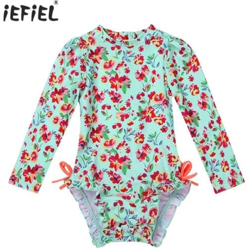 Infantil Baby Girls One-piece Swimsuit Long Sleeves Floral Printed Back Zipper with Ruffled Butt Swimsuit Swimwear Bathing Suits