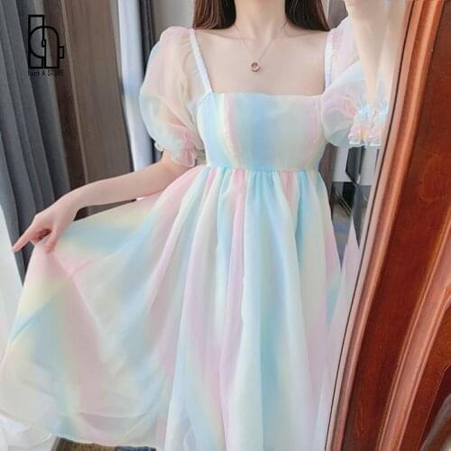 Summer Elegant Rainbow Fairy Dress Women Kawaii Designer Print Sweet Dress Female High Waist Casual Sweet Party Midi Dress 2021