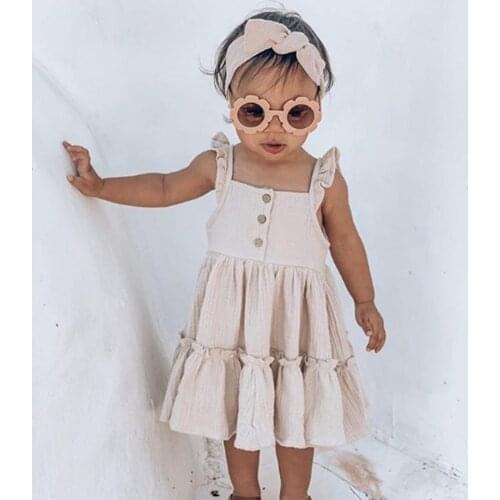 Summer Little Girls Cotton Fly Sleeve Dress Children Solid Color Ruffle Wide Hemline A-line Princess Dress for Travel Vacation