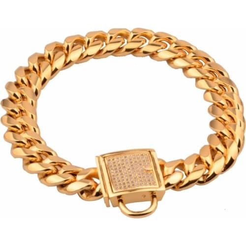 Mens 316L Stainless Steel Curb Cuban Link Chain Necklace Gold Steel Necklace Clear Stone Buckle For Men 7-40" Hiphop Jewelry