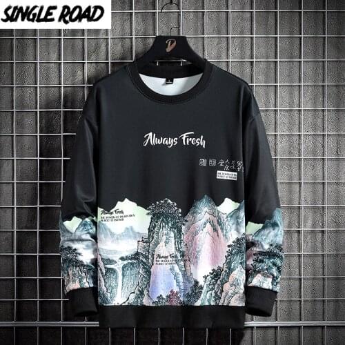 Single Road Mens Crewneck Sweatshirt Men 2021 Graphic Fashion Harajuku Sweatshirts Streetwear Casual Black Oversized Hoodie Men