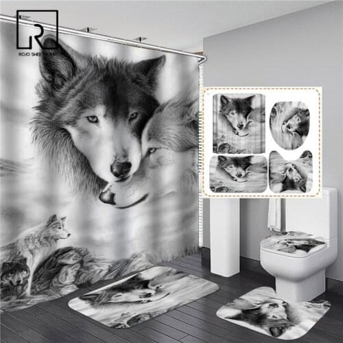 White Wolf Printed Shower Curtain Set Waterproof Bathroom Decor with Anti-slip Toilet Lid Cover Flannel Kitchen Mat Rug Doormat