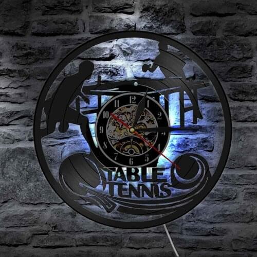 Table Tennis Wall Art Clock Vinyl Record Wall Clock with Illuminated LED Night Light Table Tennis Club Home Decor Sports Gift