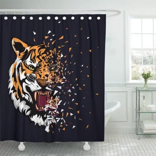 Orange Strong Tiger Tee Graphic Aggressive Animal Cartoon Angry Bathroom Curtain Waterproof Polyester Fabric 60 x 72 inches Set