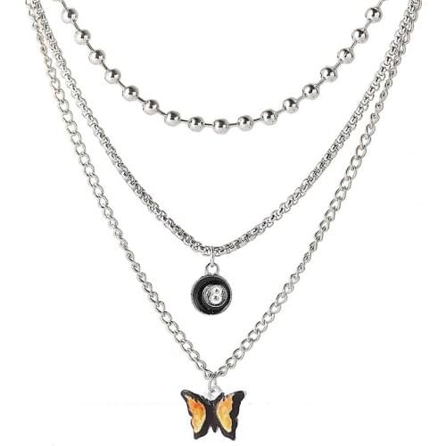 No. 8 Butterfly Pendant Necklace Silver Color Multilayer Clavicle Beads Chain Necklaces for Women Retro Aesthetic Gothic Jewelry