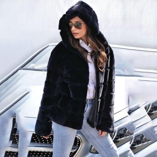 Real Rex Rabbit Fur Coat Hooded Women Warm Winter High Street Navy Blue Genuine Rex rabbit Fur Jacket with Zipper Trendy Coats