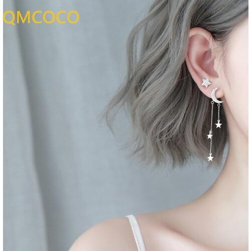 QMCOCO 925 Silver Moon And Star-Shape Tassel Asymmetric Earrings Women Trendy Jewelry Vintage Simple Party Jewelry Accessories