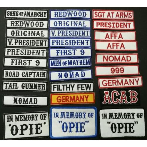 SONS OF NOMAD ORIGINAL V PRESIDENT REDWOOD FRIST 9 IN MEMEORY OF OPIE ACAB AFFA Embroidered ANARCHY PATCHES applique BADGES