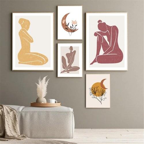 Vintage Flower Sun And Moon Canvas Art Poster Abstract Yoga Woman Print Boho Wall Art Painting Pictures Living Room Home Decor