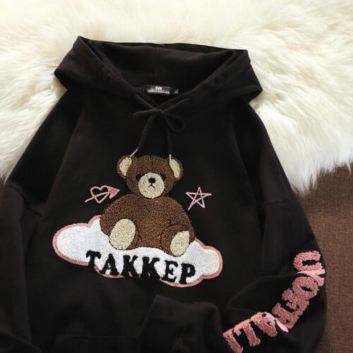 Japanese Fashion Design Bear Letter Embroidery Hoodie Women Sweatshirt Long Sleeve Tops Harajuku Streetwear 2021 New Streetwear