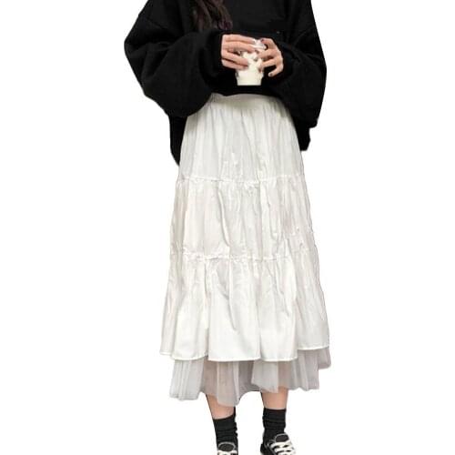 Fashion Women Skirts A Line Pleated Tulle Elastic High Waist Party Long Maxi Skirt Summer Female White Long Skirt Streetwear