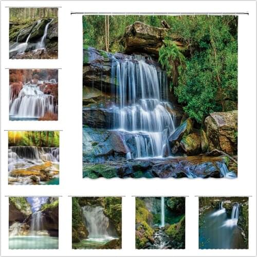 Waterfall Scenery Shower Curtains Forest Green Plants Nature Landscape Theme Pattern Bathroom Decor Polyester Cloth Curtain Set