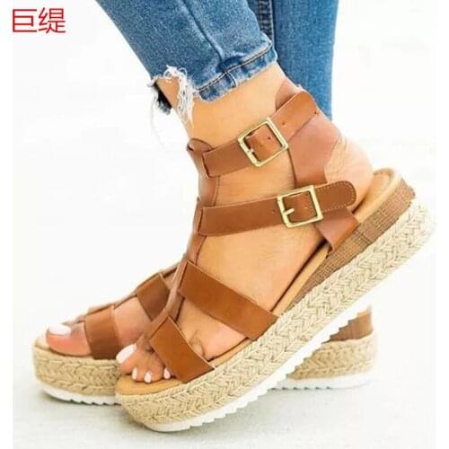 Women sandals PU Buckle Strap 5CM Wedges High heels Round Toe Shallow women shoes sandalias mujer 2020 size 35-42 black white