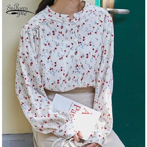 2021 Long Sleeve Women Shirts Button Cardigan Ladies Tops New Autumn Floral Puff Sleeve Chiffon Blouse Women Office Loose 10203