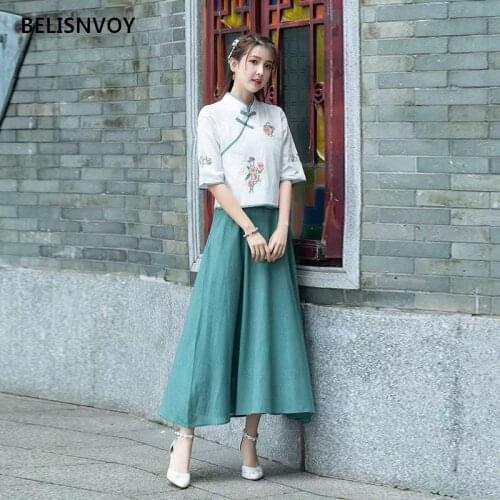 2021 Chinese Hanfu 2 pcs autumn Women Embroidery Set Blouse + Skirt Summer Style Two Pieces