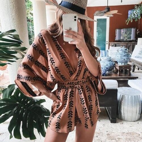 Foridol V Neck Print Casual Playsuit Romper Women Batwing Sleeve Wide Leg Fashion Playsuits Overalls Loose Rompers 2021