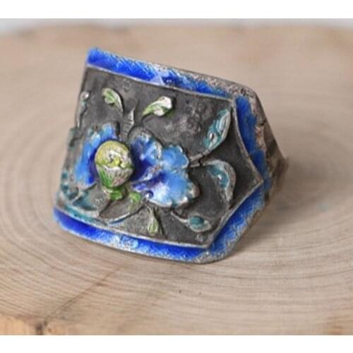BOCAI new S925 silver old silver craft female ring ethnic style burnt blue peony rich and precious flowers 925 silver woman ring