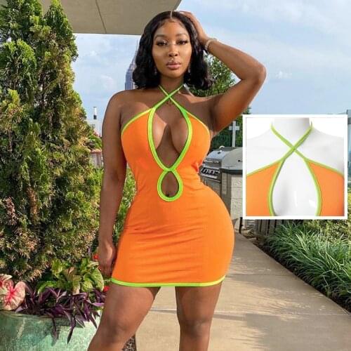 SKMY 2021 Summer New Birthday Woman Halter Lace Hollow Backless Buttocks Short Dress Bodycon Sexy High Waist Pink Casual Dresses