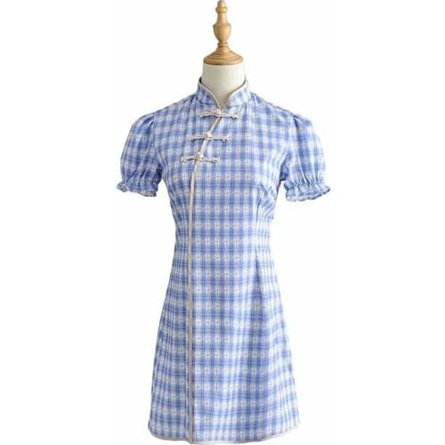 2020 Summer Womens New Chinese Style Retro Collar Light Blue Plaid Cheongsam Dress DLQZ1890