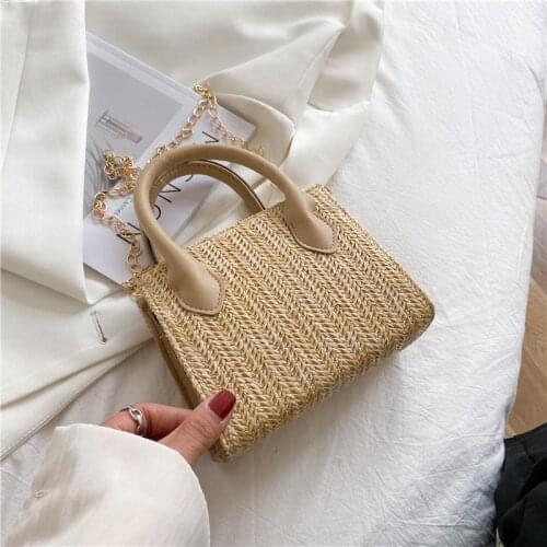 Aaby Mini Casual Straw Striped Handbag For Women Fashion Ladies Crossbody Bag With PU Handle And Matel Chain Zipper Summer Bag