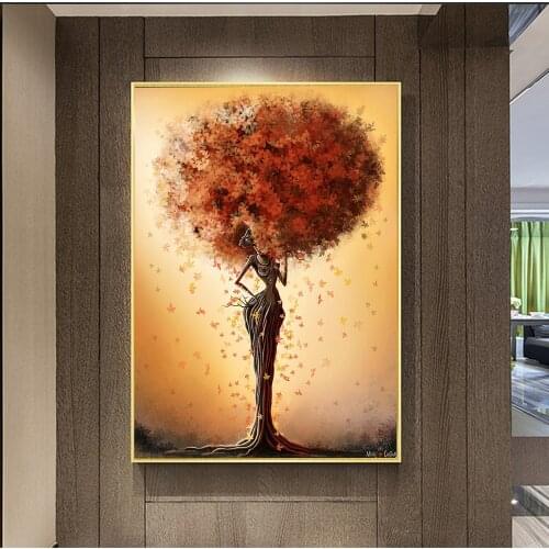 Abstract African Tree Black Girl Colored Leaves Hair Poster Printing Oil Painting Wall Pictures for Living Room Frameless Mirror
