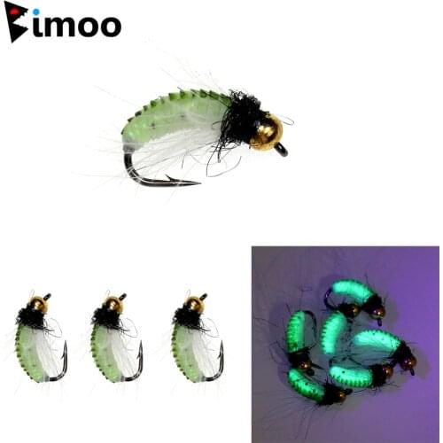 Bimoo 6PCS #12 #10 Brass Beadhead Caddis UV Green Nymph Scud Fly Fast Sinking Bug Worm Fishing Artificial Insect Bait Lure