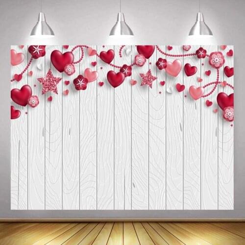 Pink Stars Red Heart Vertical Stripes White Wood Background Valentines Day Party Venue Decorative Photography Studio Backdrop