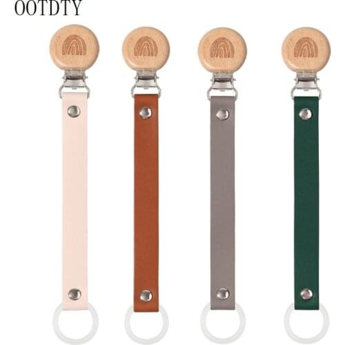 OOTDTY Genuine Leather Baby Pacifier Clip Chain Rainbow Soother Nipple Holder Clasps Metal Dummy Clip Feeding For Baby Product