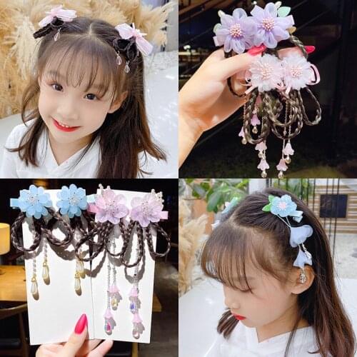 Higood Children hanfu hair wigs plait modelling tassel costume tire female flower girls ancient classic tangzhuang jackets