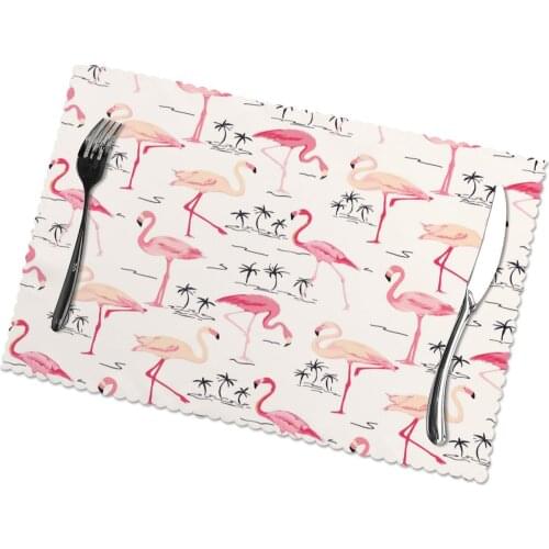 Set of 6 Flamingo Bird Retro Palm Tree Placemats for Dining Table Place Mat in Kitchen Accessories Cup Wine Mat