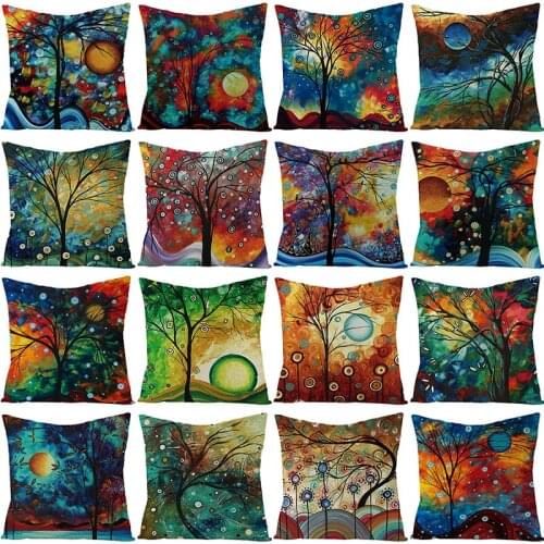 Oil Painting Tree Cushion Cover 45X45 Abstract Style Decorative Pillowcase Color Cotton Linen Sofa Cushions Nordic Home Decor