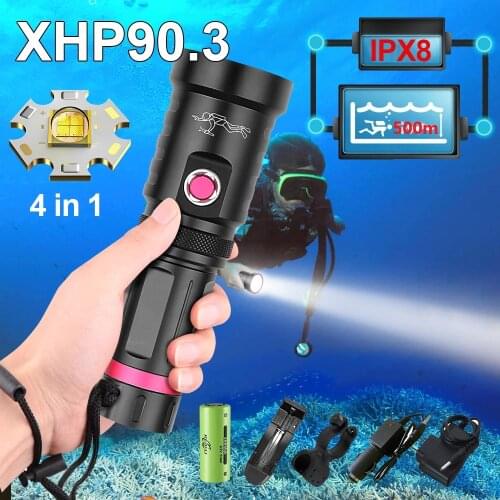 NEW Professional Diving flashlight XHP90.3 High Power Led Torch 18650 Underwater Lamps Waterproof IPX8 Rechargeable Diving Light