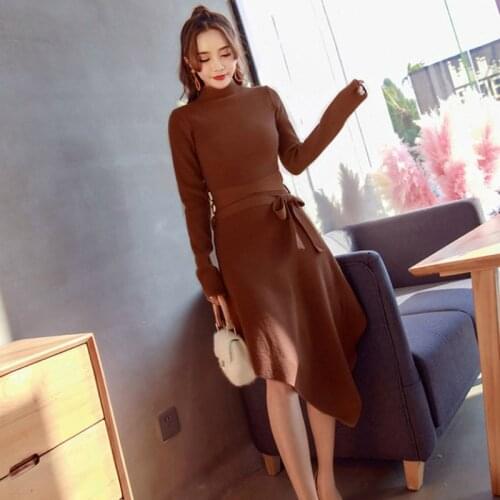 Autumn Winter Knitted Sweater Dress Women Corset Bodycon Bandage Dress Women Solid Asymmetrical Casual Dress Women Fall Sukienki