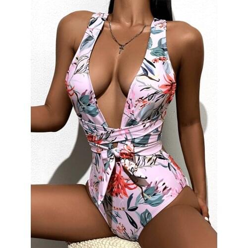 Sexy Plunge Neck Swimsuit Vintage One Piece Swimwear Brazilian Beachwear Belt Bathing Suit Printed Cross Bandage Bodysuit