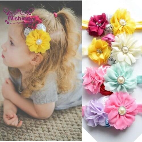 Four Rose Pearl Flower Headband Baby Girls Colorful Floral Elastic Hairband Cute Princess Headwear Hair Accessories Photo Props